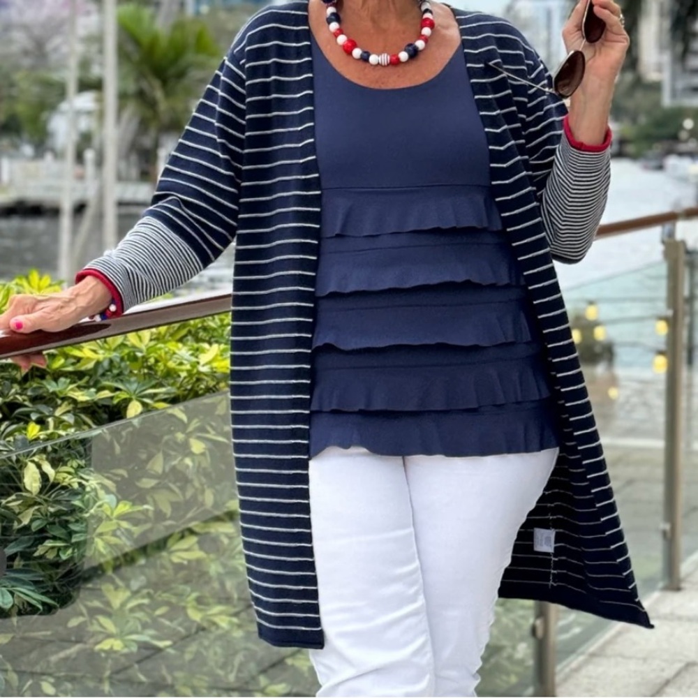 Ethyl Long Blue and White Stripe Cardigan with Red details